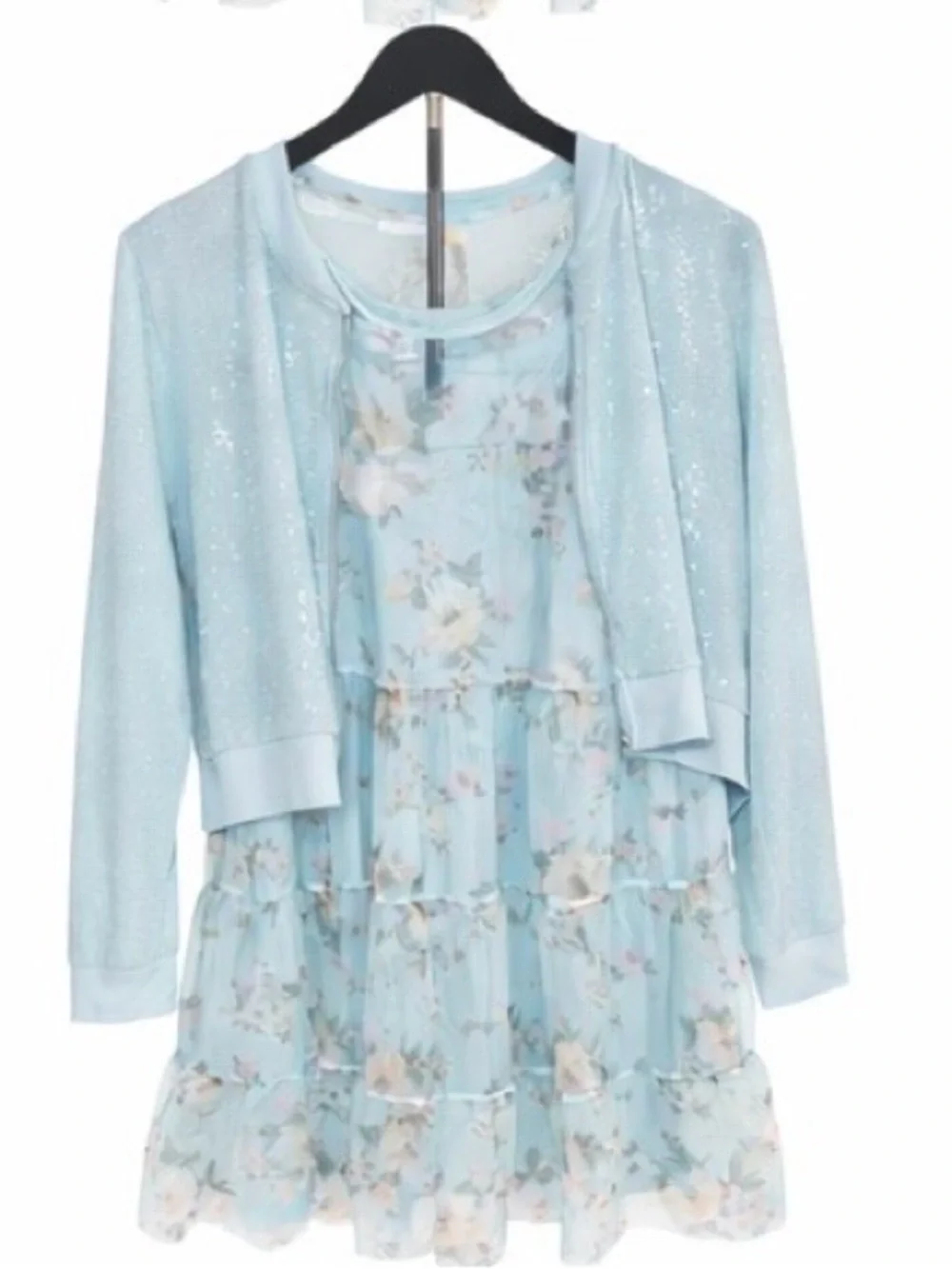 Knit Works Girls 2-Piece Dress Set Blue Floral Chiffon + Cardigan Size 18 Plus
